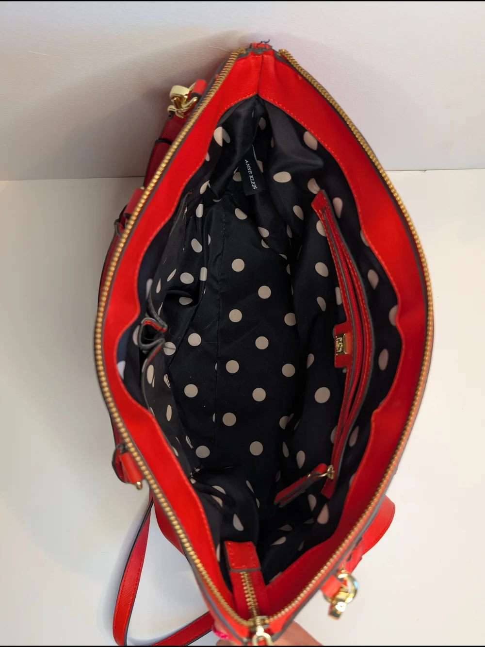Anne Klein Red Satchel W/Top Handle Zip & Gold Hardware & Detachable Strap